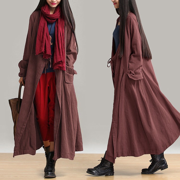 Women cotton linen loose fitting winter long coat - Buykud