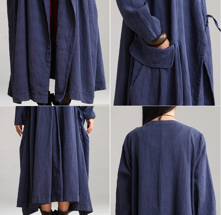 Women cotton linen loose fitting winter long coat - Buykud