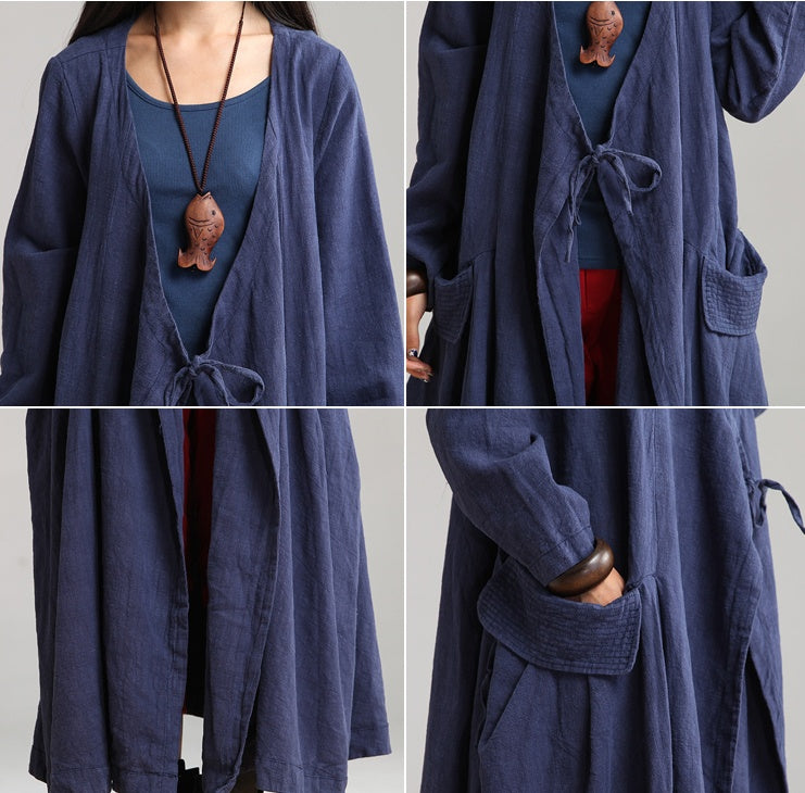 Women cotton linen loose fitting winter long coat - Buykud